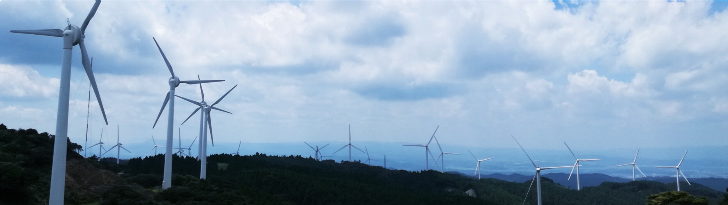曇り空の背景に風力発電の羽が並んでいる画像